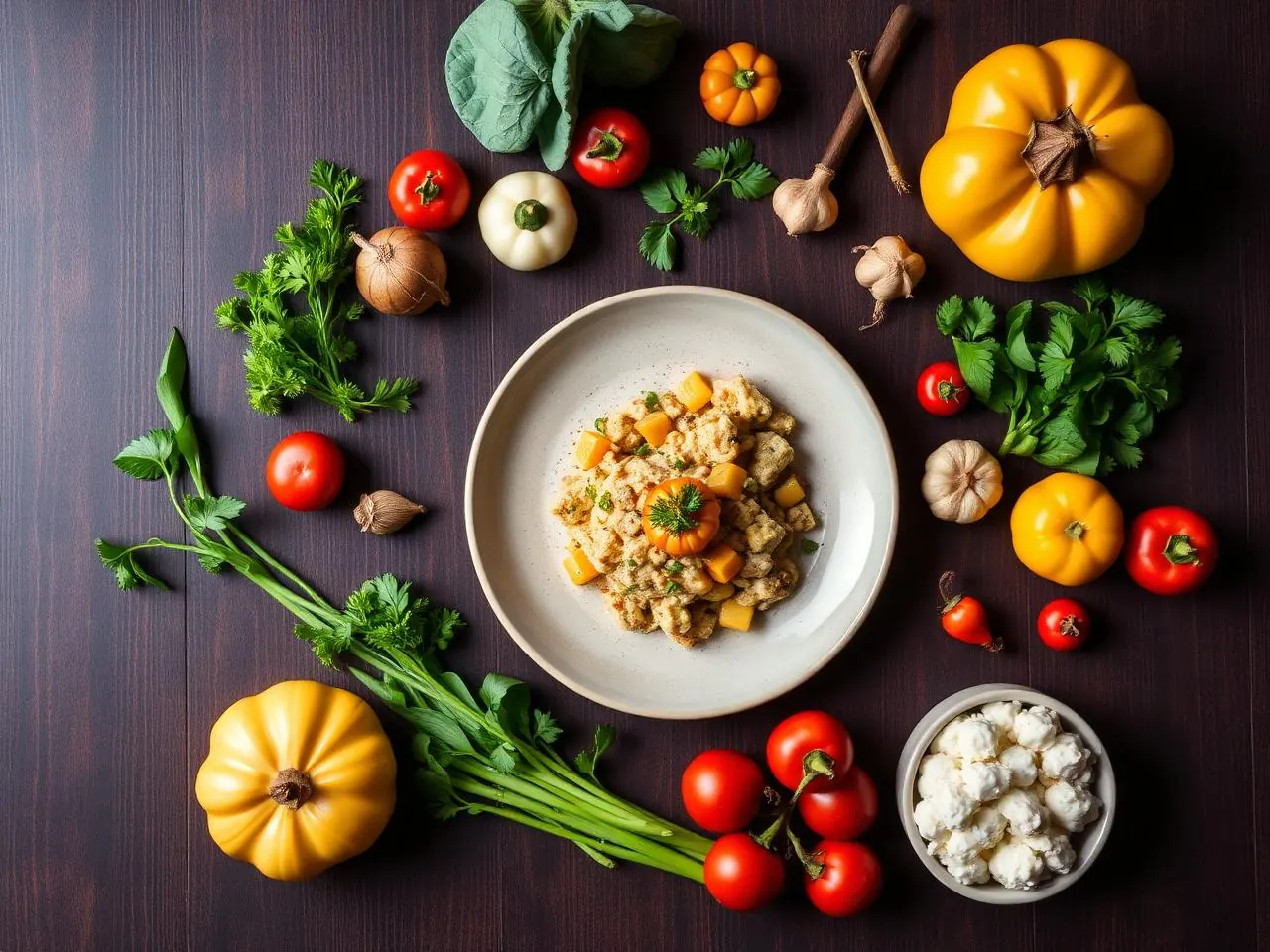 Composição de ingredientes frescos ao redor de prato finalizado em vista superior